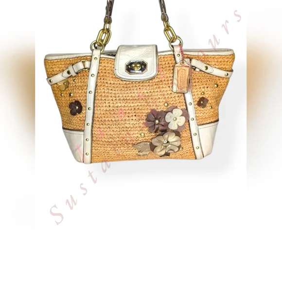 Coach Straw Tote Floral Appliqué Natalie Hampton 16763 Ivory Grey Stud Leather - Picture 1 of 16